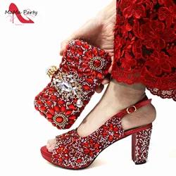 2024 Fashion New Arrivals INS Hot Sale Full Crystal Shinning Shoes and Bag Set for Dress in Red Color Sandals Christmas Party