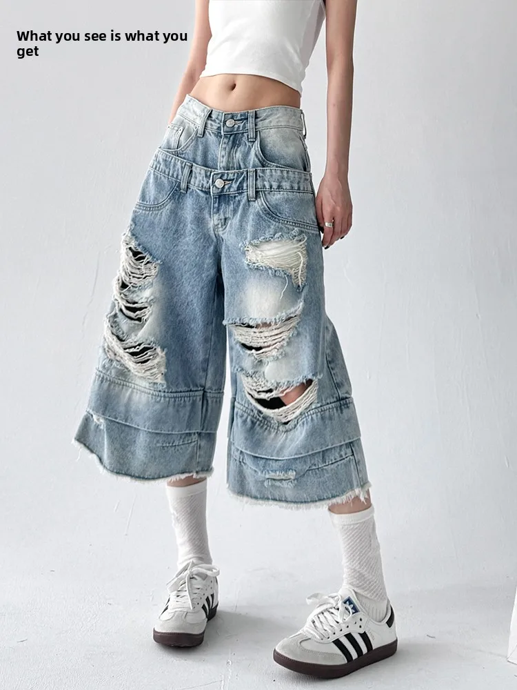 

Retro Streetwear Blue Hole Double Waist Jeans Women's High Waist Loose Fit Seven-Foot Pants Summer New Sle Casual Wide Leg ...