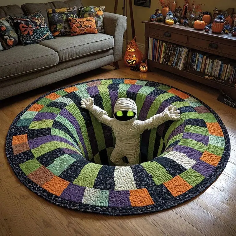 VIKAMA Halloween Round Rug Checkerboard Vortex Ghost 3D Illusion Non Slip Area Rug Living Room Spooky Decor Festive Soft Durable