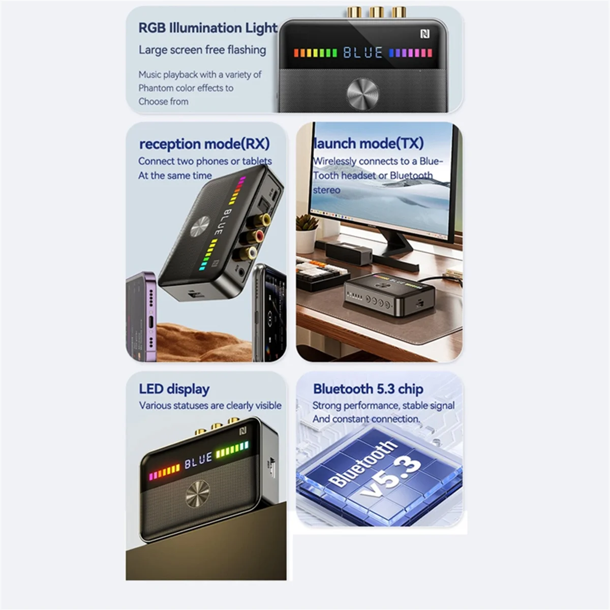 A14M NFC Bluetooth 5.3 Audio Receiver Transmitter RGB Light USB 3.5MM AUX Coaxial Optical Converter Adapter Black