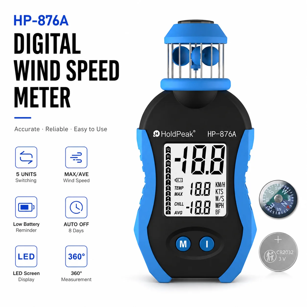 

HP-876A Digital Wind Speed Meter, Portable Anemometer with LCD Display, Air Velocity & Temperature Tester, Max/Avg Reading