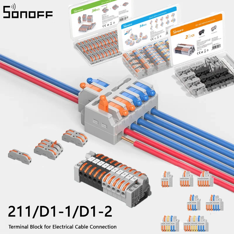 

SONOFF 211/D1-1/2 Din-рейка, соединитель проводов, компактная Клеммная колодка, многоцелевая для подключения электрических кабелей