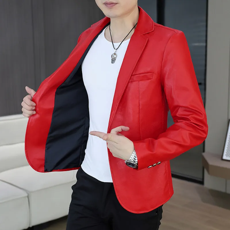 

Slim Fit Leather Jacket Men's Casual Trendy Hairstylist Style Spring Autumn Fashionable Single Button Suit Coat for Youth