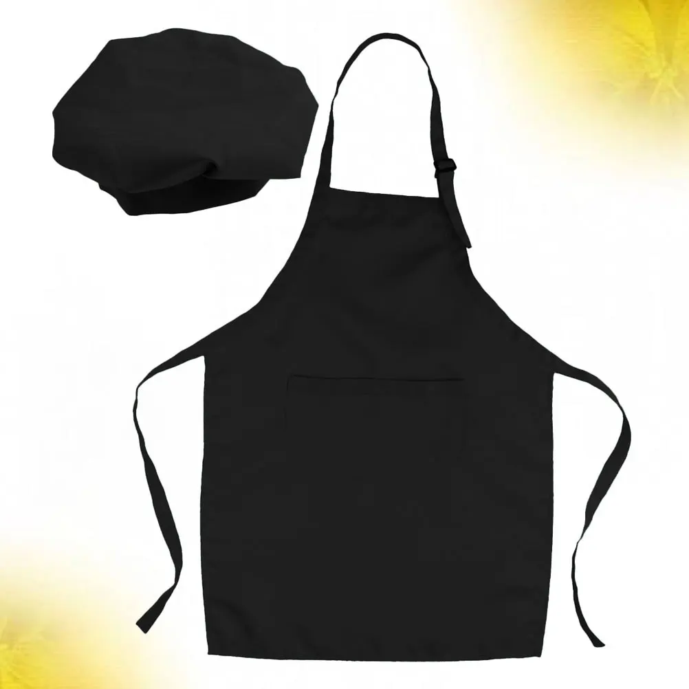 1Set Cooking Apron Hat Set Black Size L Adjustable Neck Waist Kitchen Baking Party Art Painting Clothes
