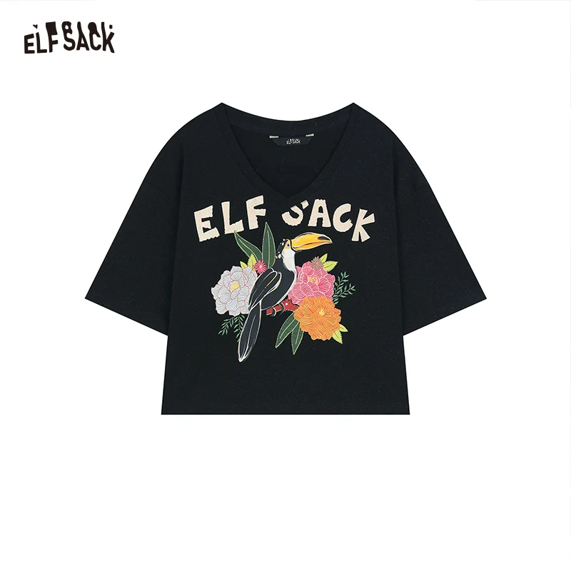 ELFSACK 2024 summer new arrival V-neck shiny letter print casual petite short-sleeved T-shirt for women