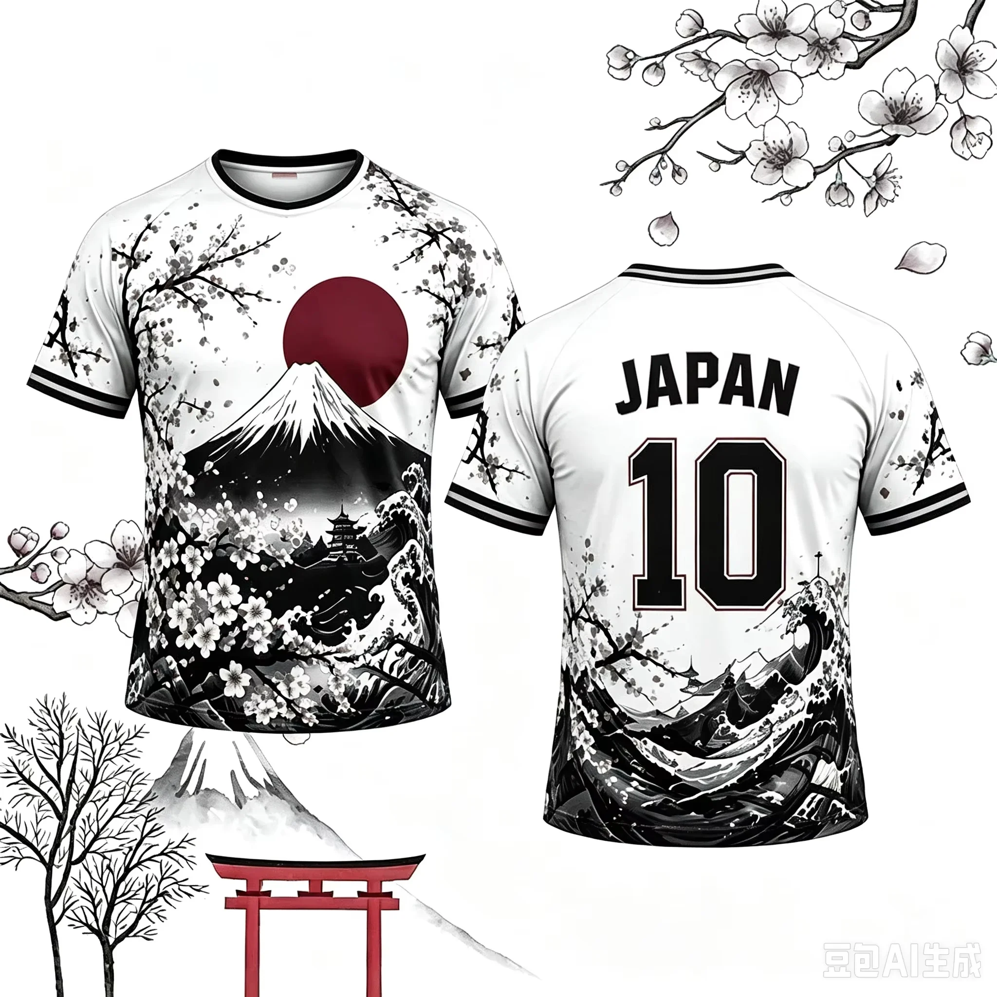 Harajuku Cherry Blossom Mount Fuji 3D Print Men V-neck T-shirt Japanese Outdoor Fast-Drying Breathable Y2K Parent-Child Clothing