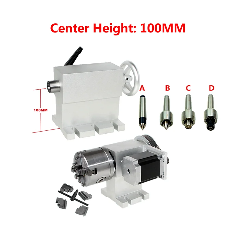 

4 Jaw Chuck 80mm Rotary A Axis Center Height 100MM With Tailstock MT2 For CNC Router