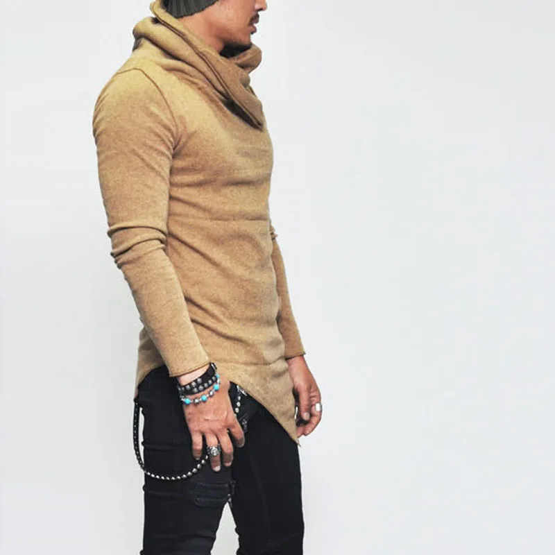 Hot Sale Fashion Streetwear Turtle neck Street T shirt Men Hip Hop Long Sleeve Asymmetry Thin Designed Men\'s T-Shirt MY062