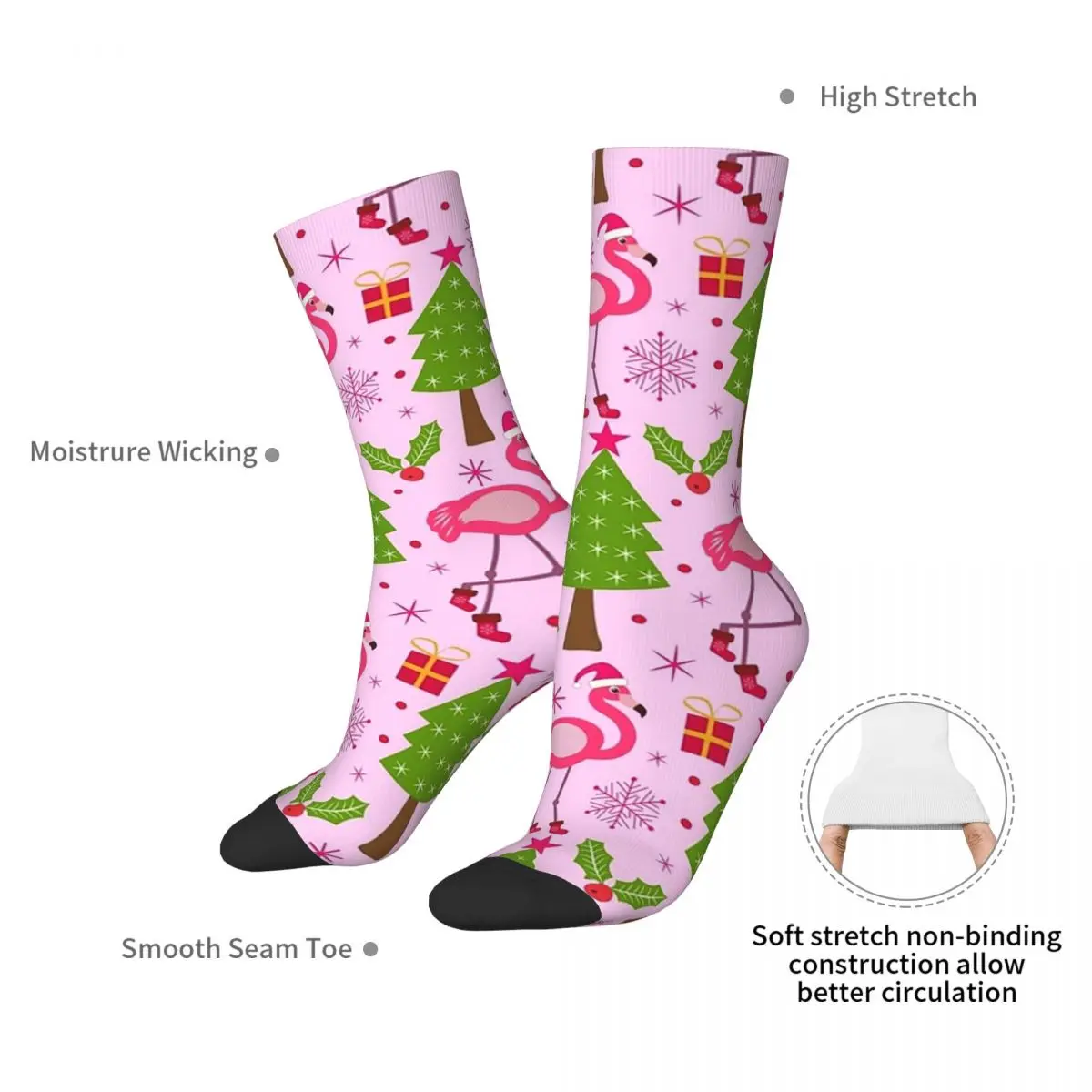 Christmas Tropical Flamingo With Pine Tree On Pink Socks Harajuku Stockings All Season Long Socks for Man Woman Birthday Present