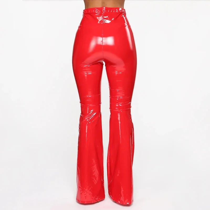 Women Glossy Faux Leather High Waist  Elastic Band Flare Pants Ladies Stretch PU Bell-bottom Pants Bodycon Trouser