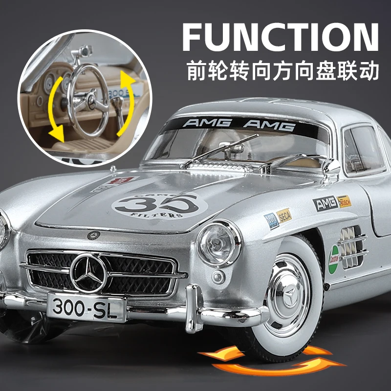 1:24 Scale Boxed Mercedes Benzs 300SL Decals Alloy Diecast Model Movable Suspension Sound & Light Pull Back Toy Car for Kids