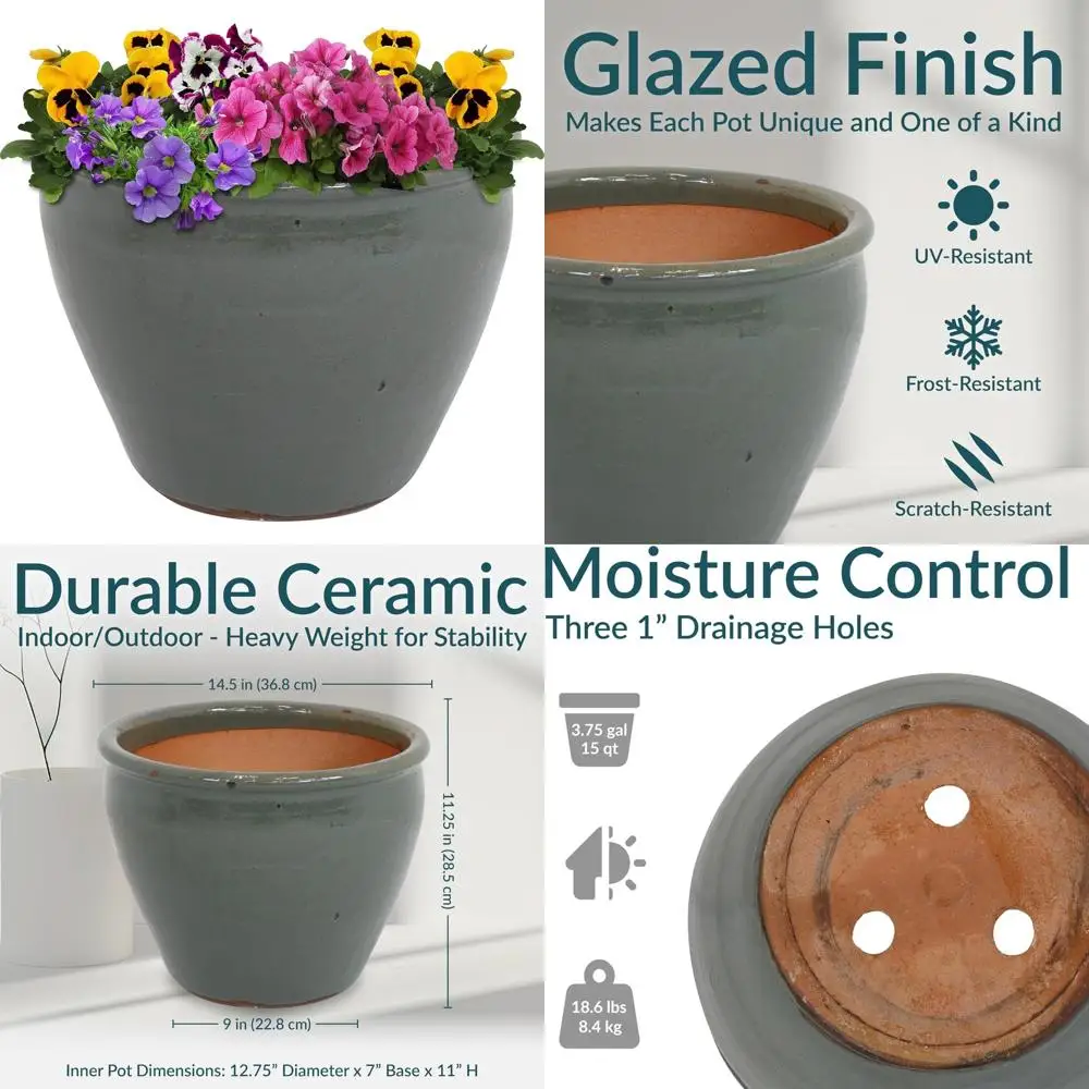 

Large Round Outdoor Glazed Ceramic Planter Pot with Drainage - Gray Chalet Style - 14.5 inches