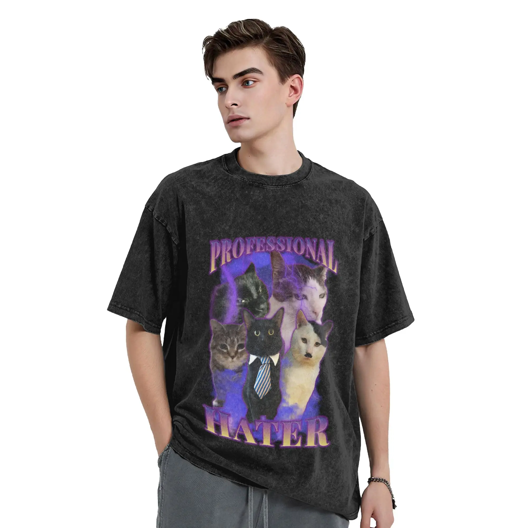 professional hater funny cat meme Unique Trendy A Washed T Shirt Men's Women's Oversized Cotton Tees Tops