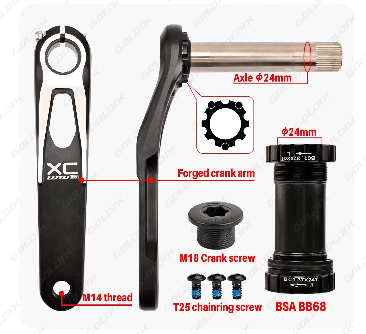 GOLDIX Mountainbike-Kurbelketten-Radsatz, fest mit 3 Schrauben, Beinlänge 170 mm/175 mm, versetzt 3 Grad, 30 Zähne, 34 Zähne, 36 Zähne, 38 Zähne – Detail 3