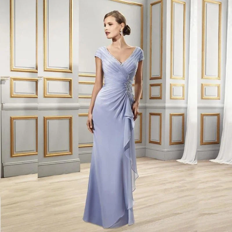 V Neck Sexy Dress for Mother's Evening Chiffon Floor Lenght  Elegant Bride Mom Dresses 2024 Wedding Party Dress with Beading