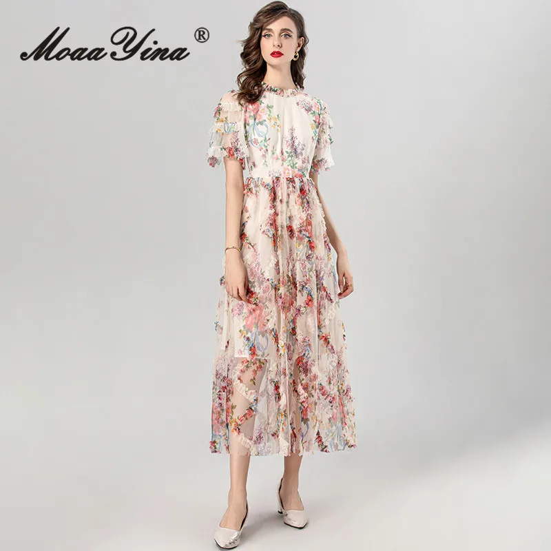 

MoaaYina Fashion Designer Summer Women's Dress Temperament Bohemian Floral Print Net Yarn Ruffles Elegant Princess Dresses