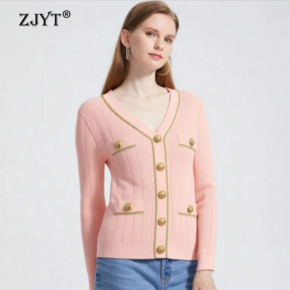 

ZJYT Clearance Sale Promotion Women's Cardigans Sweater Spring Fashion Knit Tops Elegant Metal Buttons Jersey Knitwear Pink