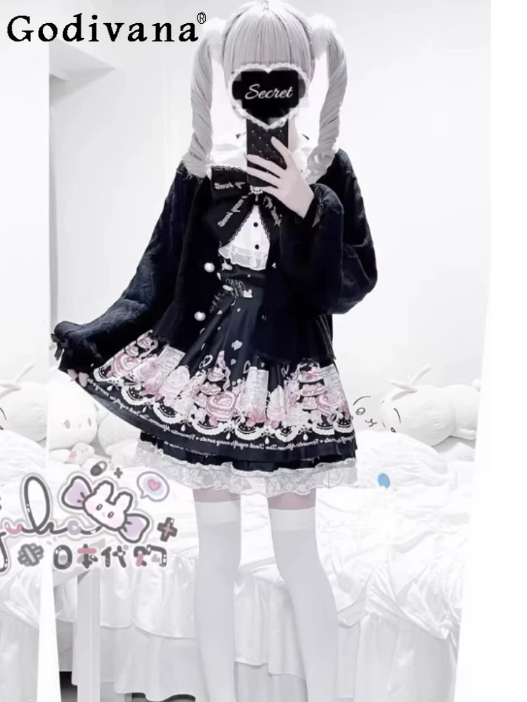 

New Sweet and Cute Girl Japanese Liz Lolita Dress Set Mass- produced Navy Collar Bow High Waist Long-sleeved Dress Set