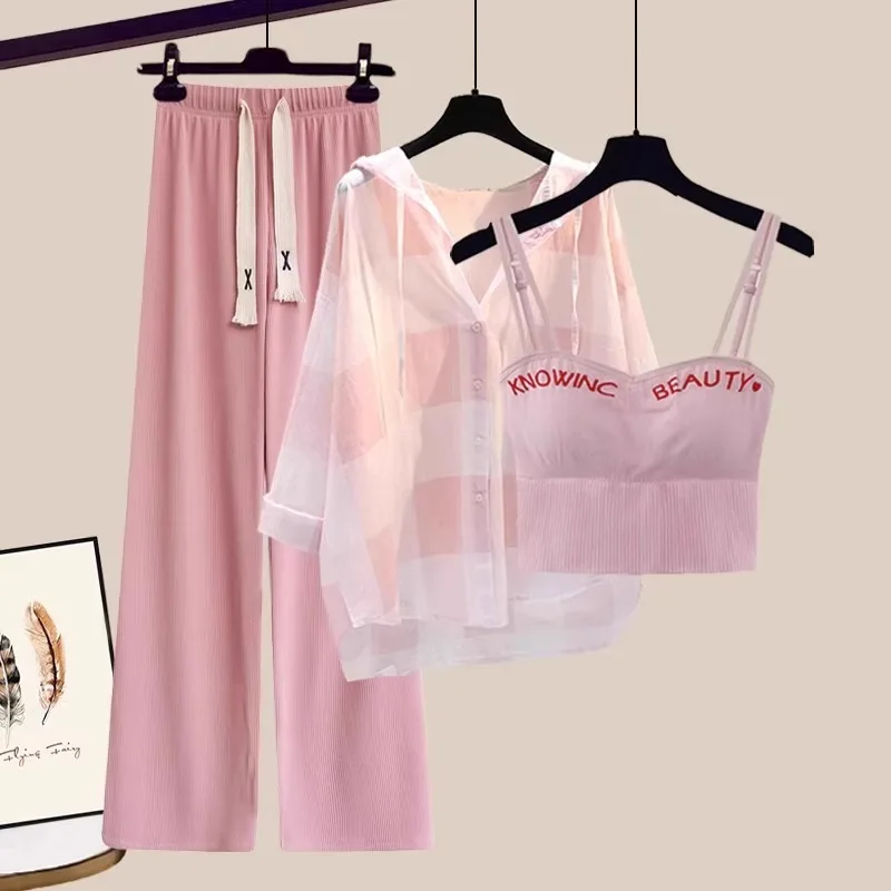 

Summer Casual Fashion Set High Waist Wide Leg Pants Hat Sun Protection Shirt Letter Strap Three Piece Set Women's Ensemble