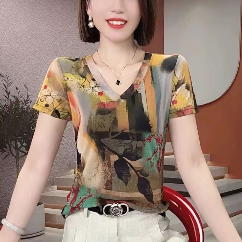 

Printed Double Layer Mesh Bottoming Shirt Women's New Summer Pullover Top