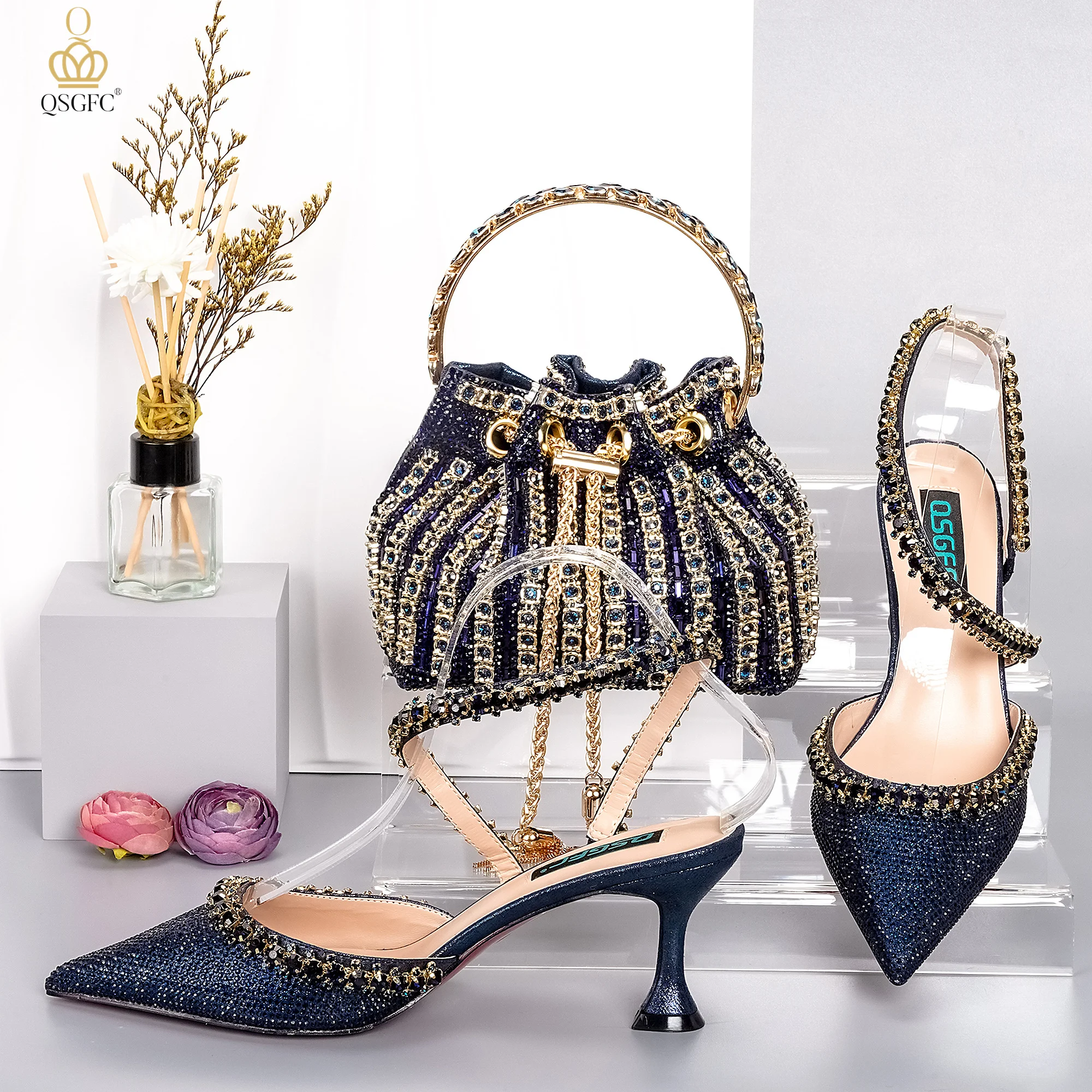 

QSGFC Italian Design Navy Blue Color Diamond Chain High Heels Exquisite Drawstring Handbag For Wedding Party