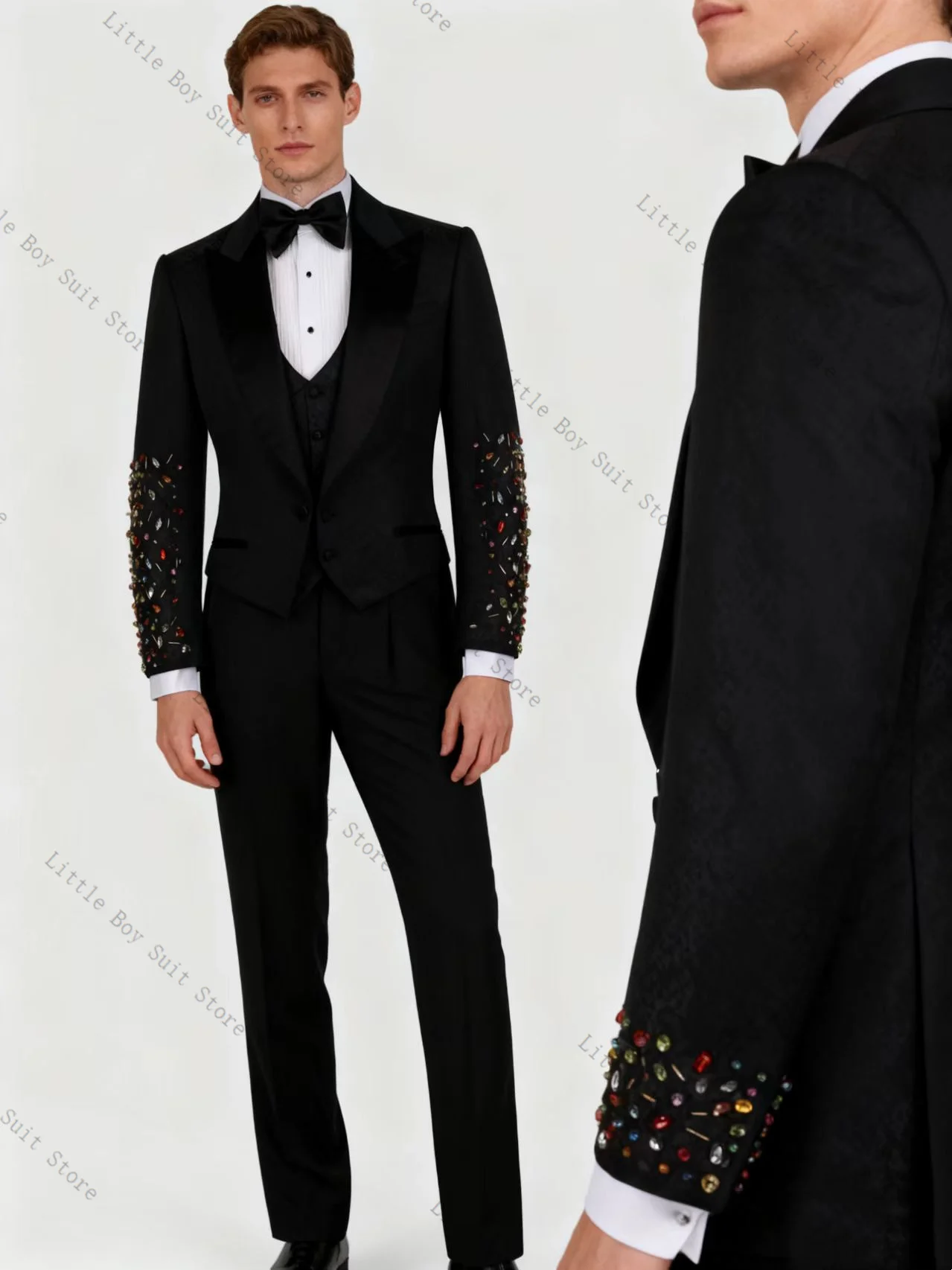 

Black Crystals Men Suit Set 2 Piece Jacket Blazer Pants Trousers Wedding Tuxedos Cotton Formal Office Party Coat Customized
