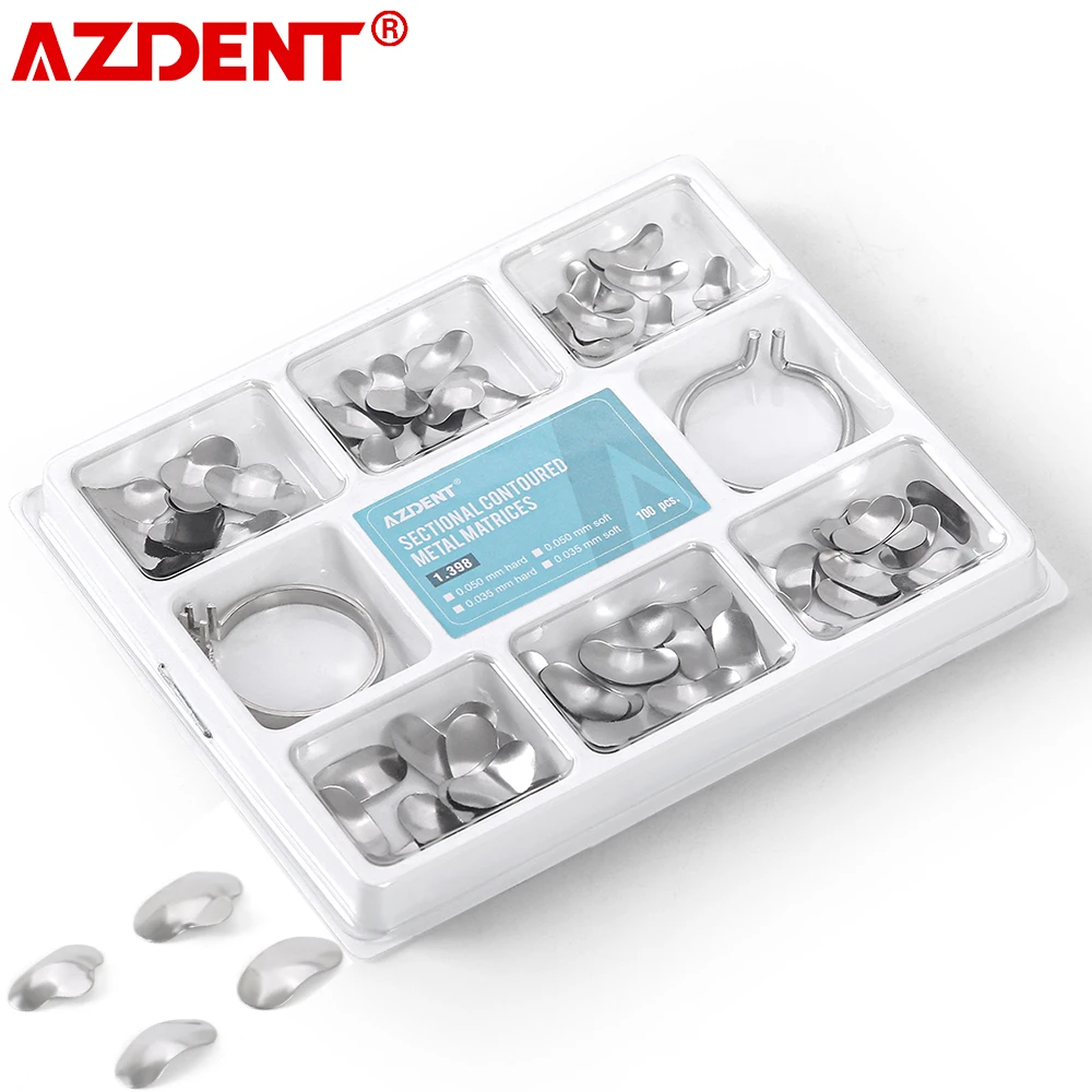 

AZDENT 100Pcs Full Kit Dental Matrix Sectional Contoured Metal Matrices 40 Pcs Silicone Add-On Wedges Contoured with Metal Plier