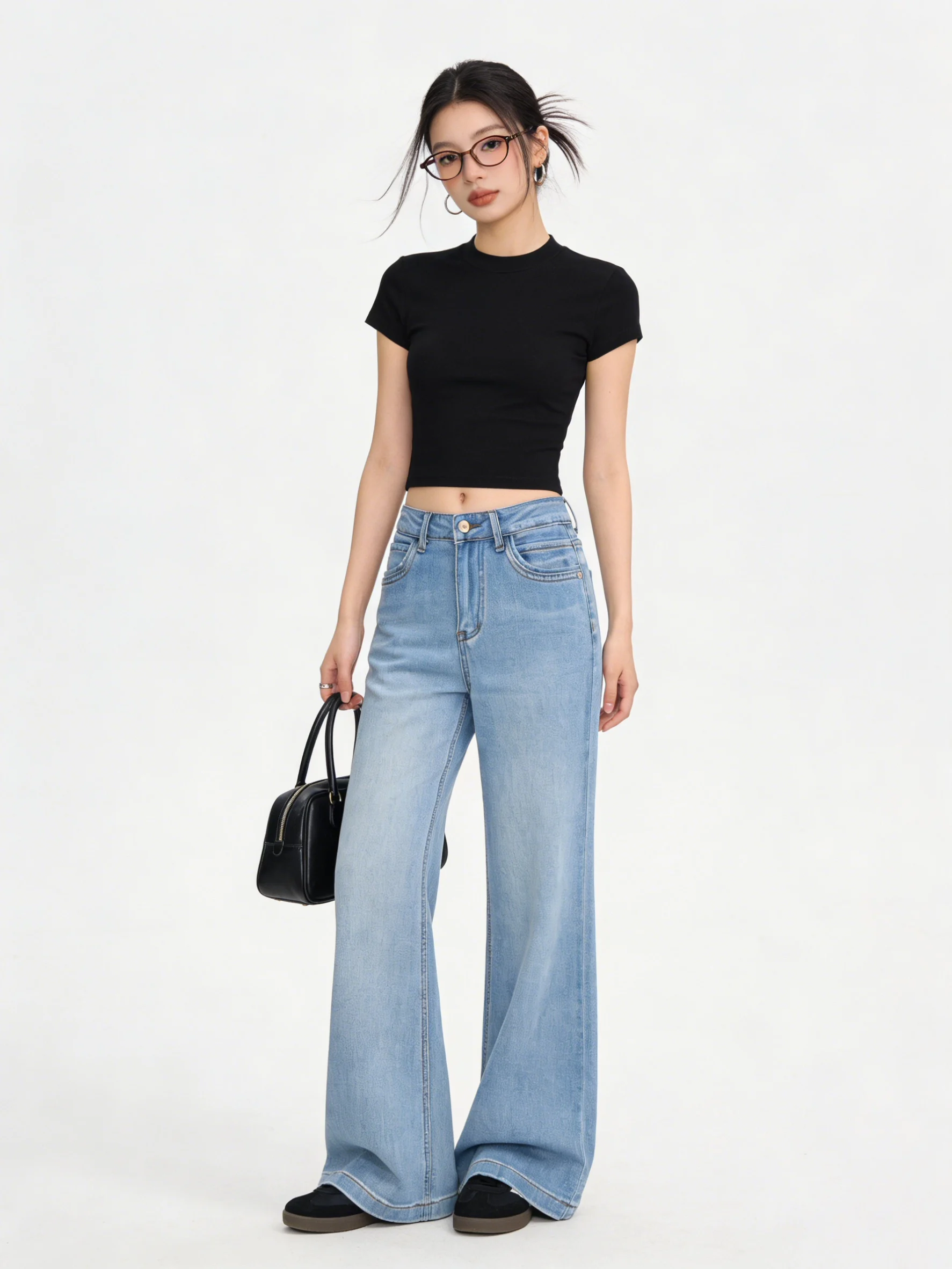 

Ретро джинсы-клеш с высокой талией, светло-голубые, летние, новый корейский стиль, повседневные женские джинсы-клеш из денима