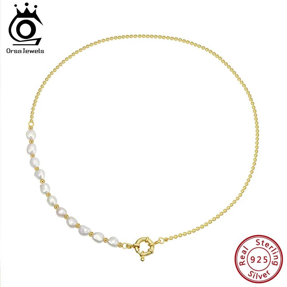 ORSA JEWELS Dainty S925 Silver Beads Choker Necklaces with Natural Freshwater Pearl for Women Dainty Beads Chain Jewelry GPN93