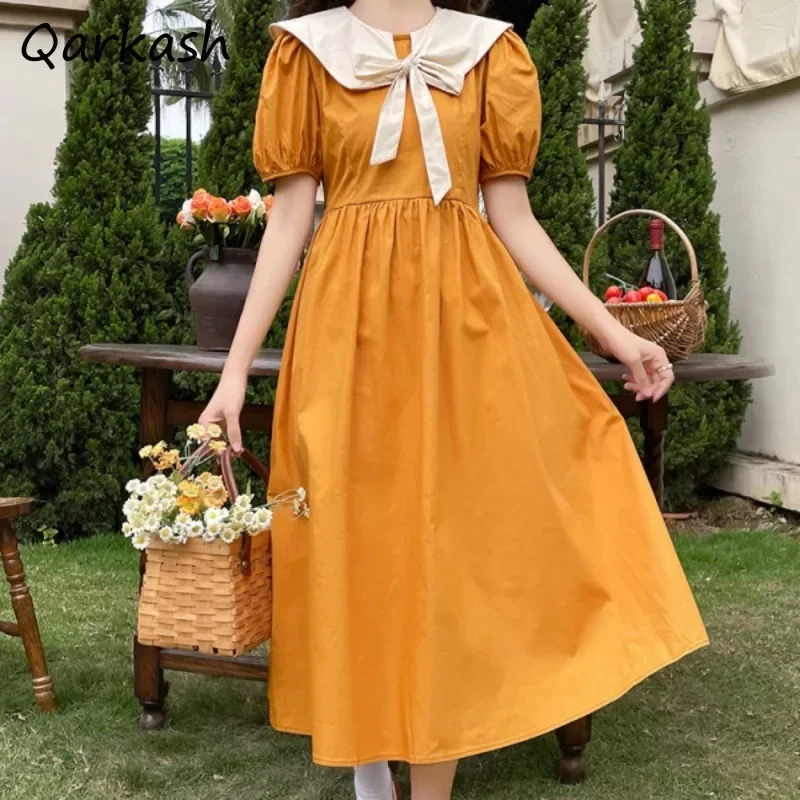 Patchwork Women Dresses Summer Elegant Holiday Schoolgirls Korean Style Lace Up Puff Sleeve Lovely Fashion Sweet Casual Slouchy