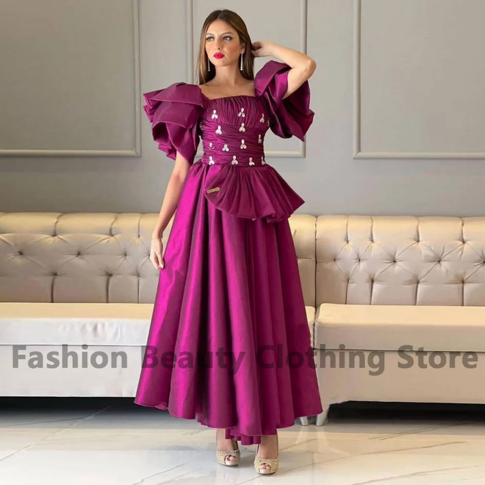 

2023 Novel Design Party Dress A-Line Short Sleeve Draped Crystal Square Neck Arabia Women's Formal Occasion Evening Gown