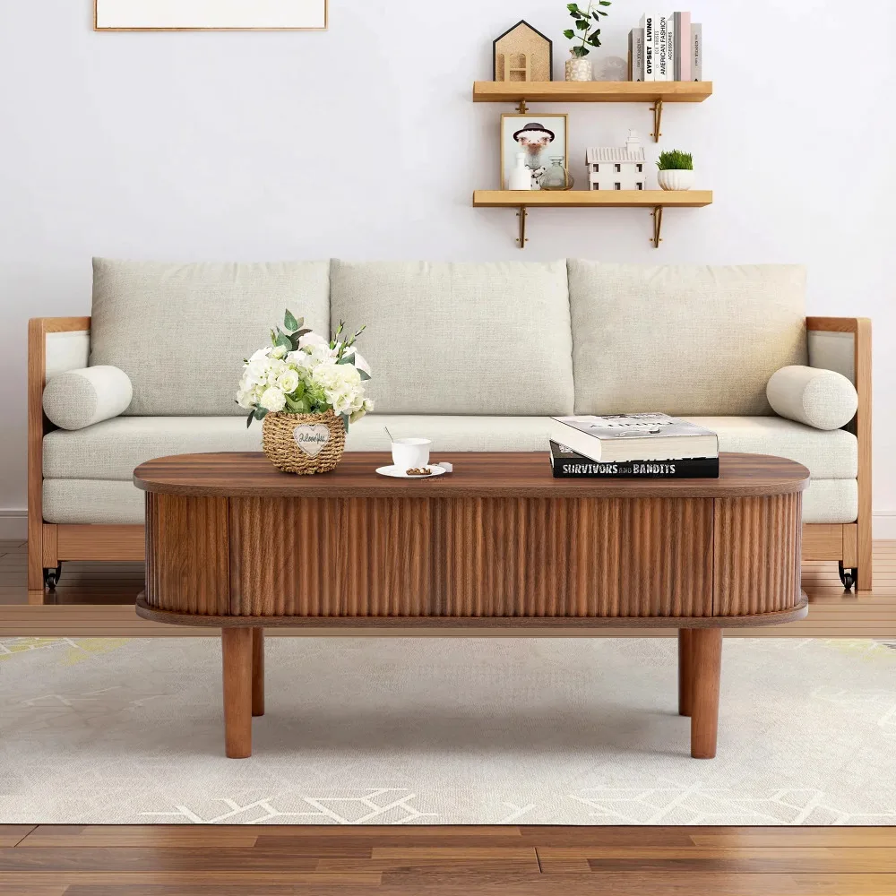 Round Coffee Table Sets 2 Pieces, Wood Fluted Coffee Table with Storage, Natural Decor Style：Modern Cleverly Designed