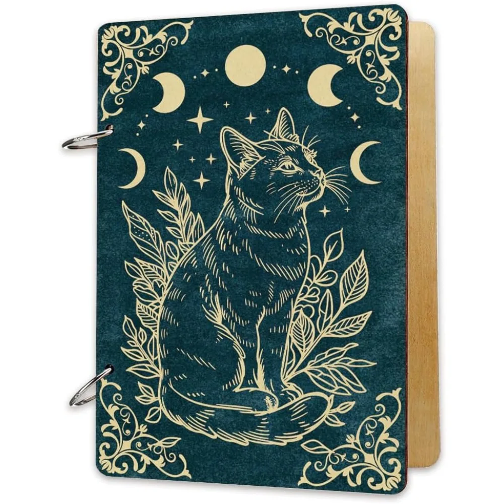 Wooden Card Keeper Memory Book Cats Loose Leaf Binder Greeting Card Postcard Photo Album Wood Cover Moon Phase