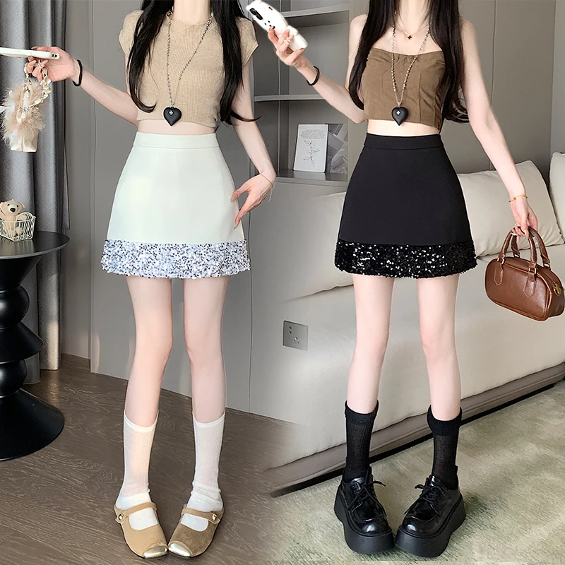 

French Skirt With Paillettes 2025 Spring Summer New High Waist A-line Hip Skirts Korean Style Clothes Women Preppy Promotion