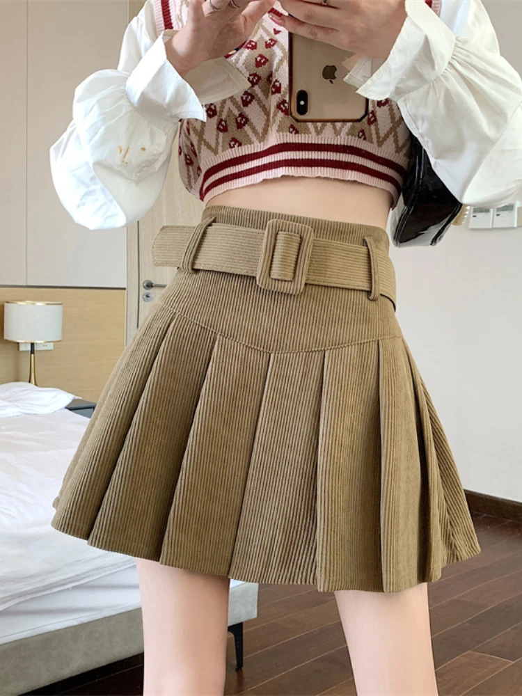 Pleated Skirts Women Solid Cleanfit High Waist Korean Fashion Preppy Designed Corduroy Mini Skirt Faldas All-match A-line Daily