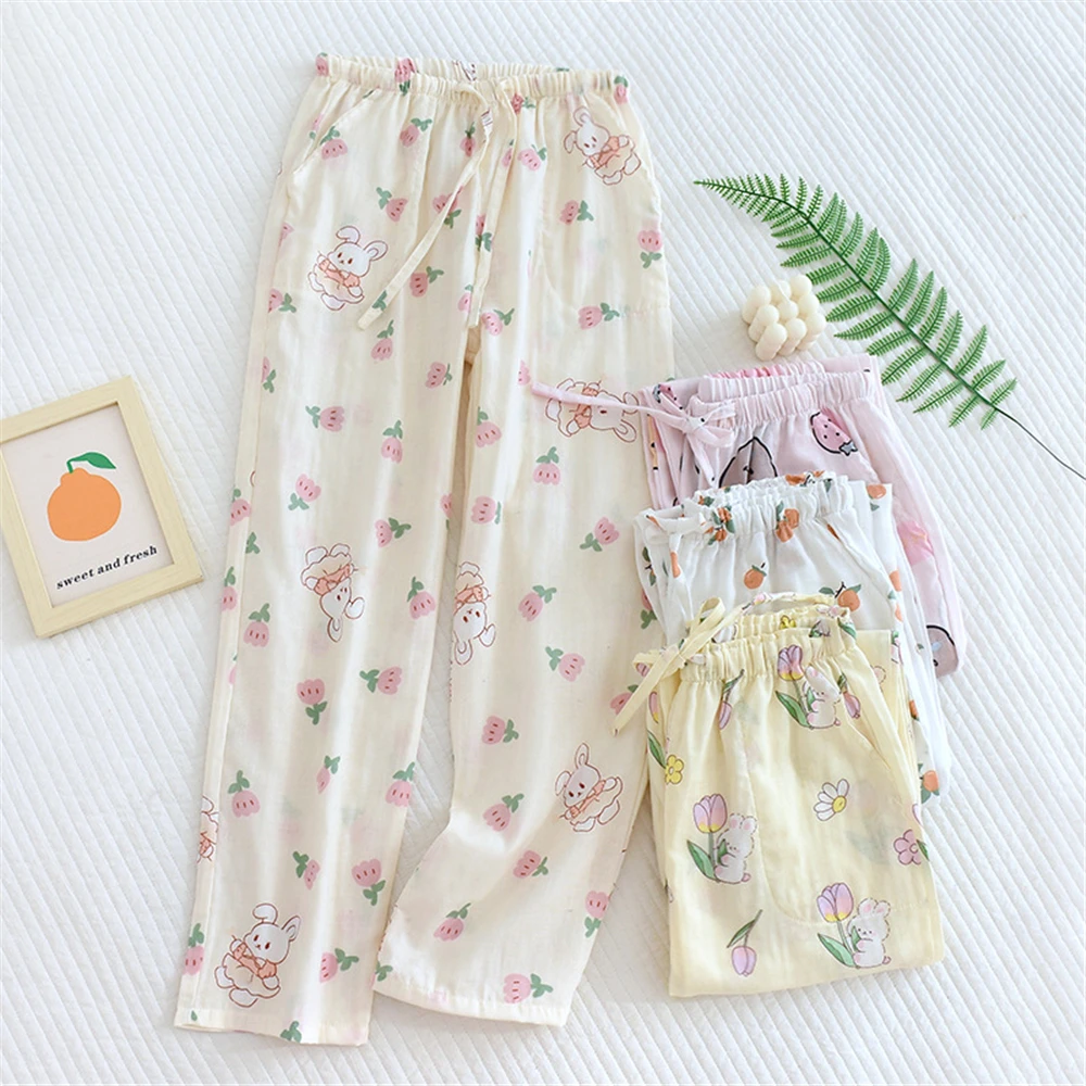 Cotton Pajama Pants Women Gauze Printed Home Pants Cute Sleep Bottoms Japanese Style Femme Pantalon Hombre Loungewear Pyjama