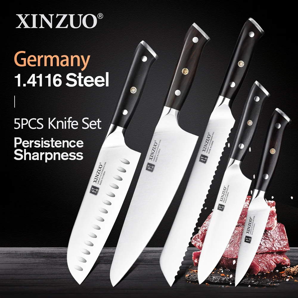 XINZUO 1pcs-5pcs Kitchen Knives Set German 1.4116 Steel Chef Cleaver Santoku Utility Paring Knife Nature Ebony Wood Handle