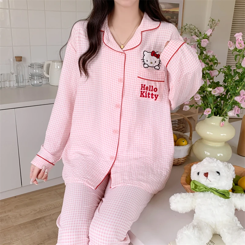 Cartoon Sanrio Hello Kitty pajamas, pure cotton long-sleeved trousers casual two-piece set, new loungewear women\'s pajamas set