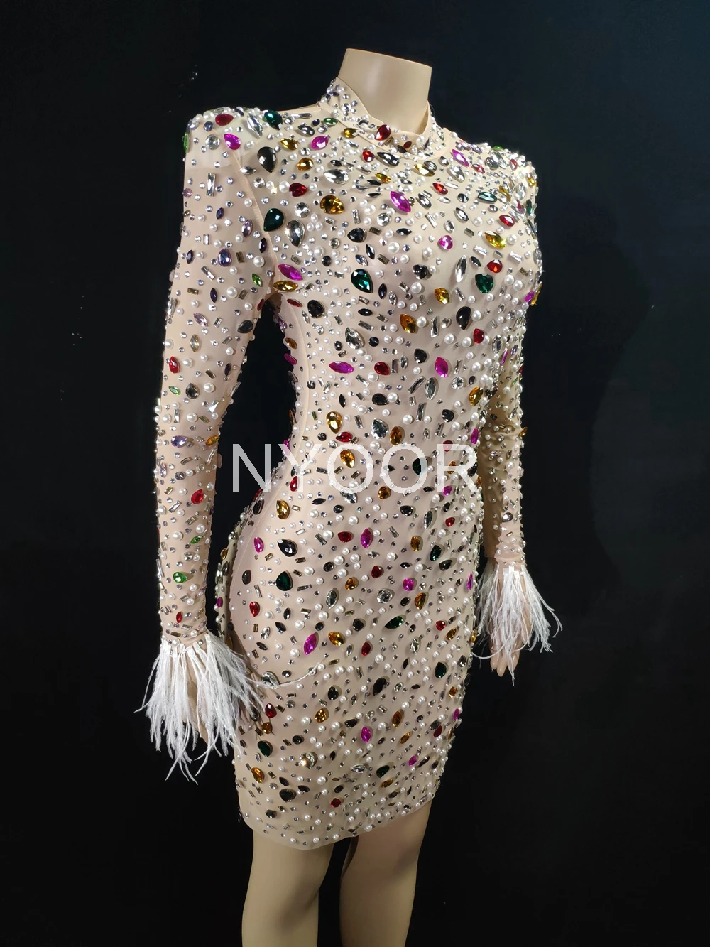 Sparkly Colorful Crystals Feather Sleeves Short Dress Fashion Prom Gown Evening Sexy See Through Crystals Birthday Party Dress