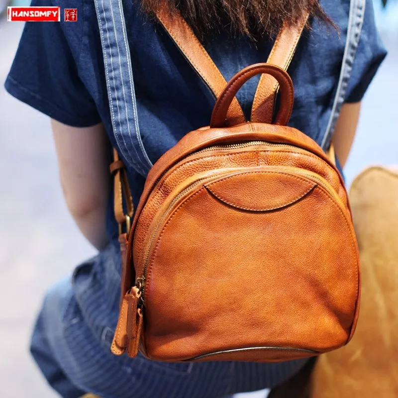 

Art Retro Small Women Backpack Shell Backpacks Ladies School Bags Tide Casual Real Genuine Leather Top Layer Leather Wild Female