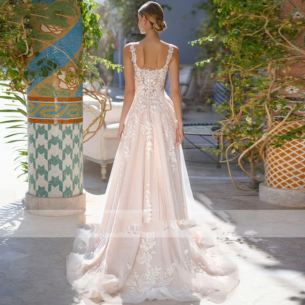 Flavinke Abiti da sposa in tulle glitterato con scollo quadrato e linea ad A da donna affascinanti personalizzati Abiti da sposa con applicazioni in pizzo senza maniche