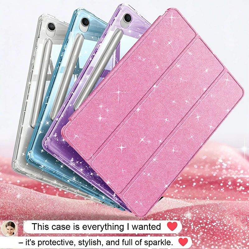 

Чехол для планшетов Samsung Galaxy Tab A11, A9 Plus 11, 8.7 дюймов, Tab S10 Lite 10.9 дюймов, S9 FE 10.9, 11 дюймов с функцией автоматического включения/выключения и прозрачной блестящей задней крышкой