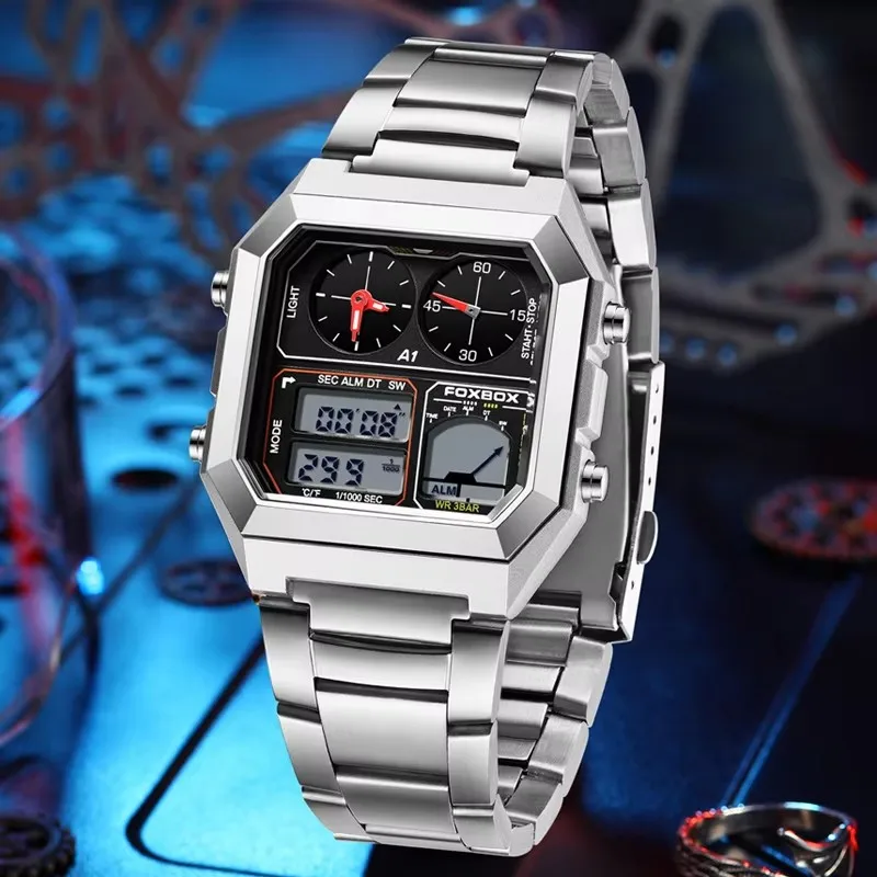 FOXBOX Men Military Sport Wrist Watch Stainless Steel 3BAR Waterproof Watches Mens Digital Square Screen Relogio Masculino+Box