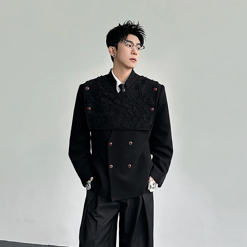 WTHT Fashion Men's Heavy Industy Spliced Lace Design Blazer Coats Trendy Double Breasted Jakcets Male 2025 Winter 2A2605