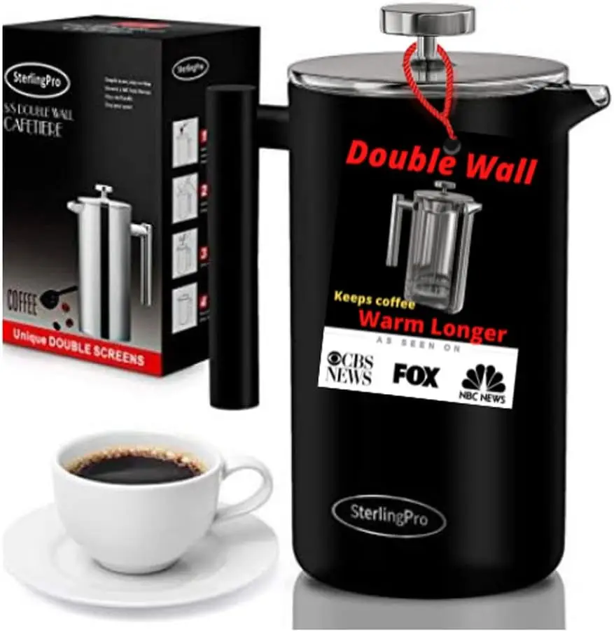 French Press Coffee Maker(1.75L)-Double Walled Large Coffee Press with 2 Free Filters-Enjoy Granule-Free Coffee Guaranteed, Styl