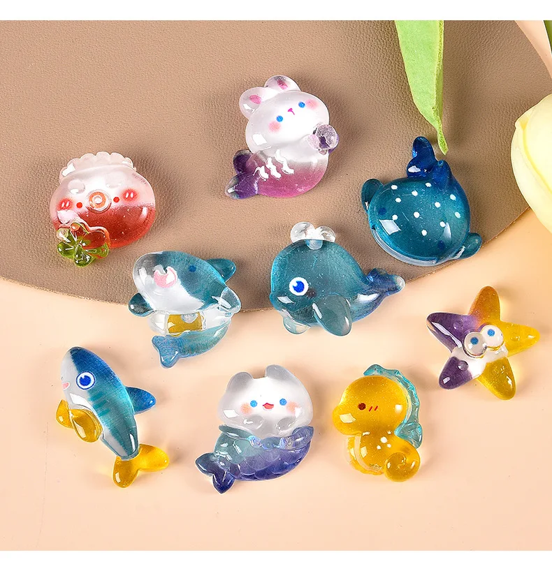 

100pcs Cartoon Cute Ocean Resin Shark Whale Starfish Seahorse Charm Diy Crafts Figurines Decoration Jewelry Accessories