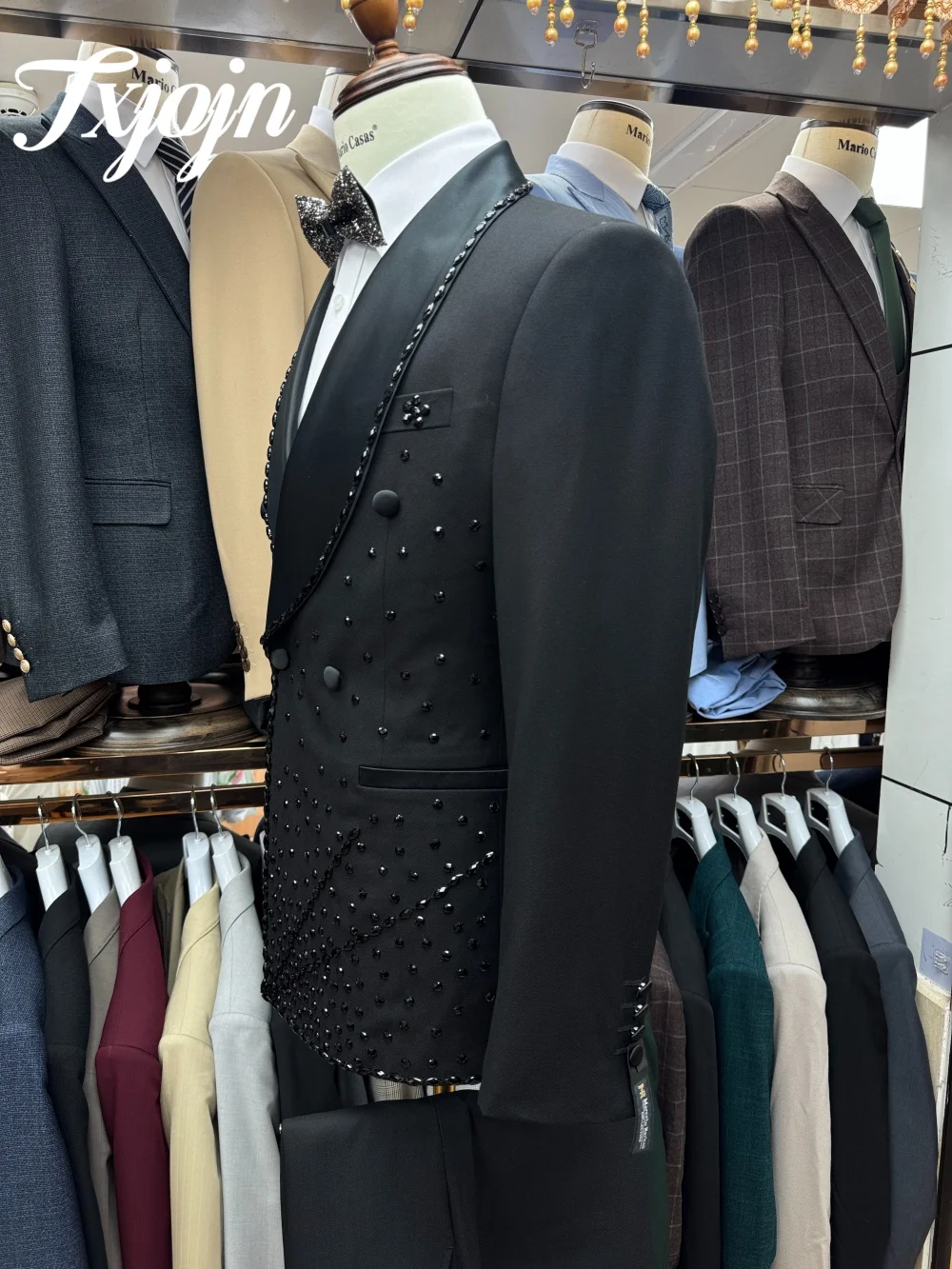 Exquisite Double Breasted Men Suit Set 3PCS 2025 Classic Shawl Lapel Men Suit For Best Man Formal Crystal Suit Trajes For Hombr