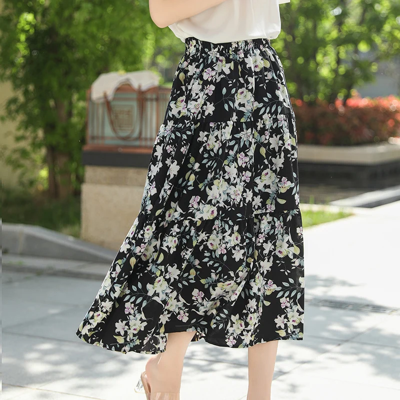 Französische Chiffon-Blumenröcke für Damen, Sommer, hohe Taille, drapiert, modischer Faltenrock in der langen A-förmigen großen Schaukel-Regenschirmrock