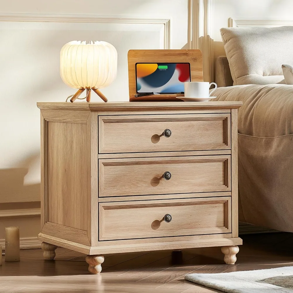 24" Wide Farmhouse Wood Nightstand Set of 2 3 Drawers & Metal Handle Bedroom End Table, Custom - view 6