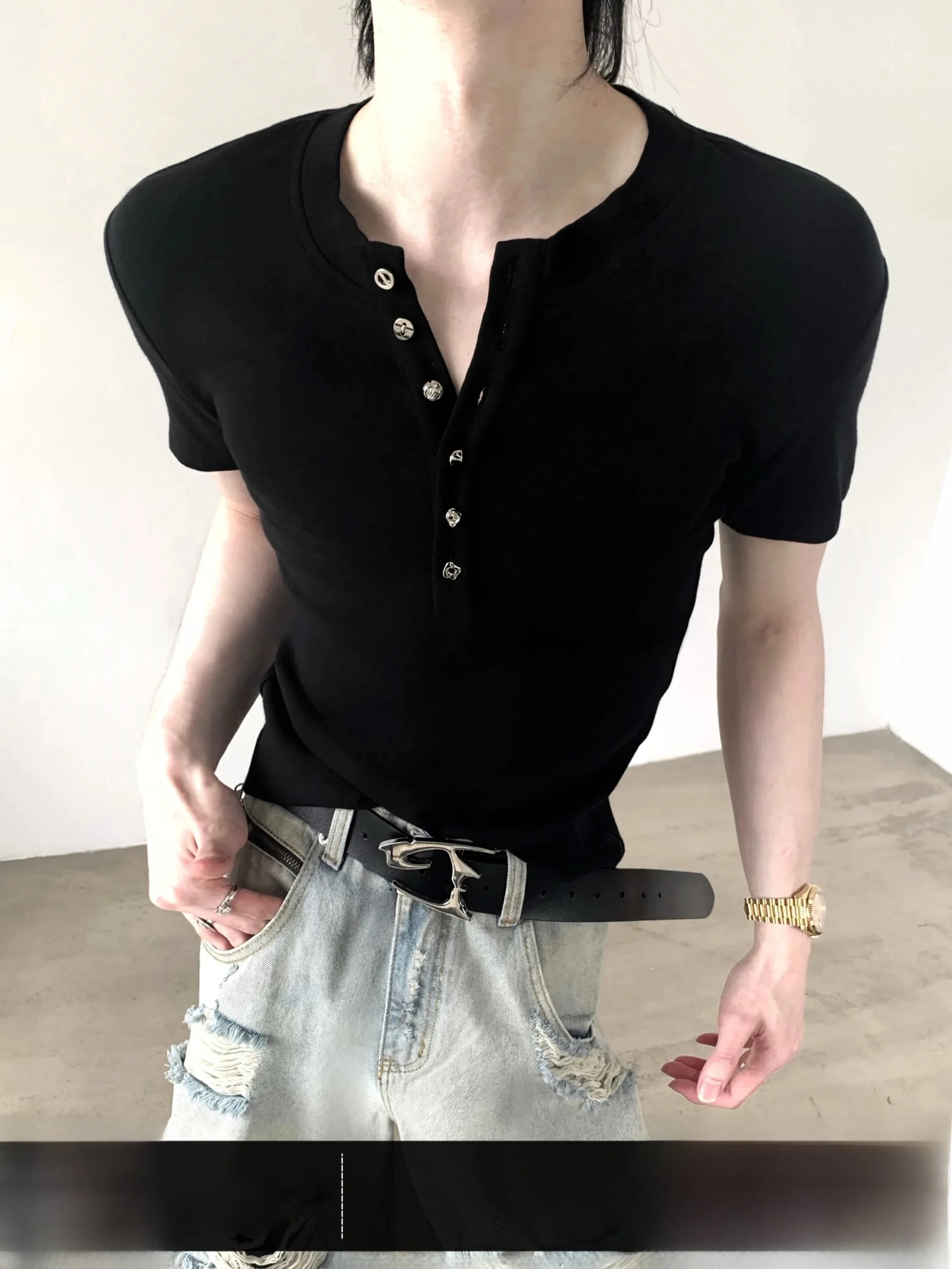 Autumn Mountain Wind New  Diamond Buckle Semi-Open Henry Collar Short Sleeve Men's Summer Slim Fit  T-Shirt